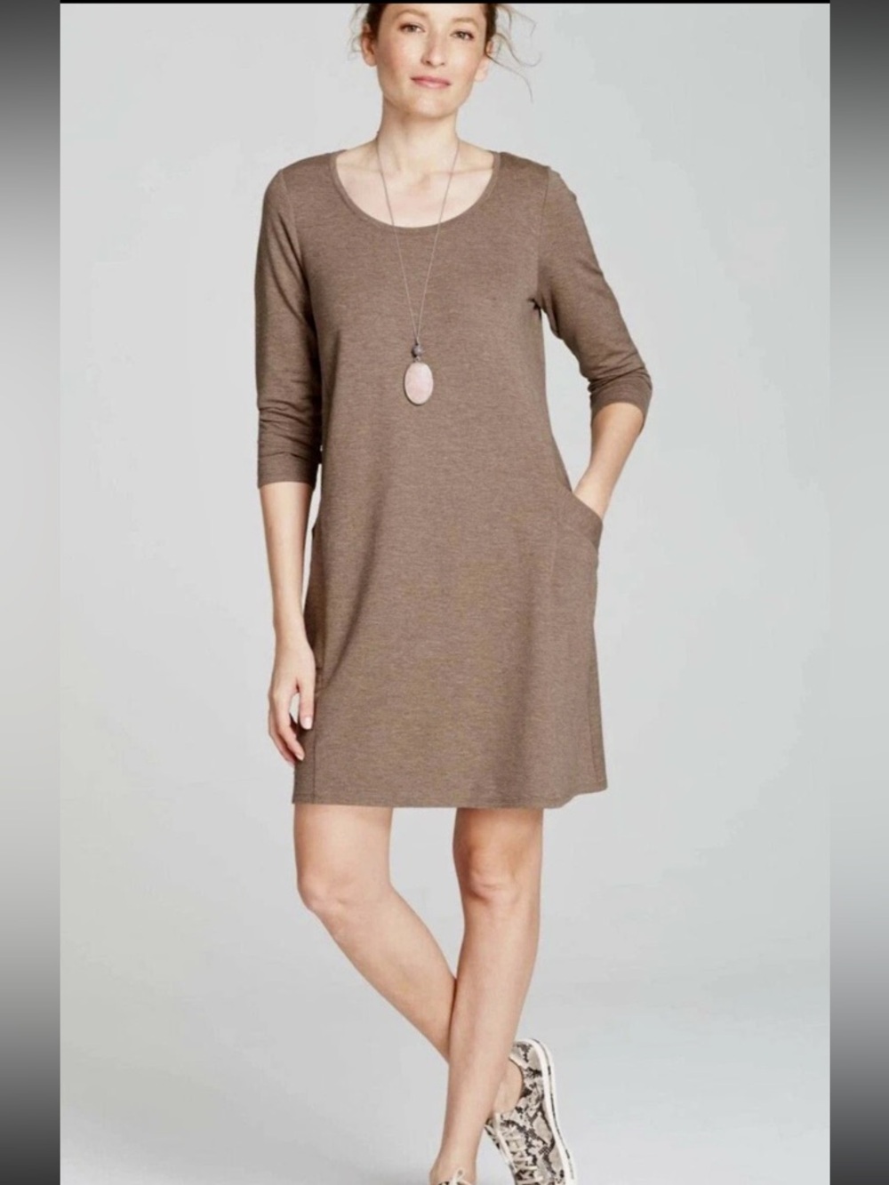 J. Jill Pure Jill XL Scoop-Neck A-Line Comfy Dress Driftwood Heather Brown Tan